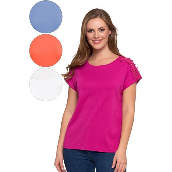 MORAJ / BLUZKA DAMSKA BAWEŁNIANA Z KORONKOWYMI DETALAMI NA RAMIONACH BD1700-013 - www.anstel.pl