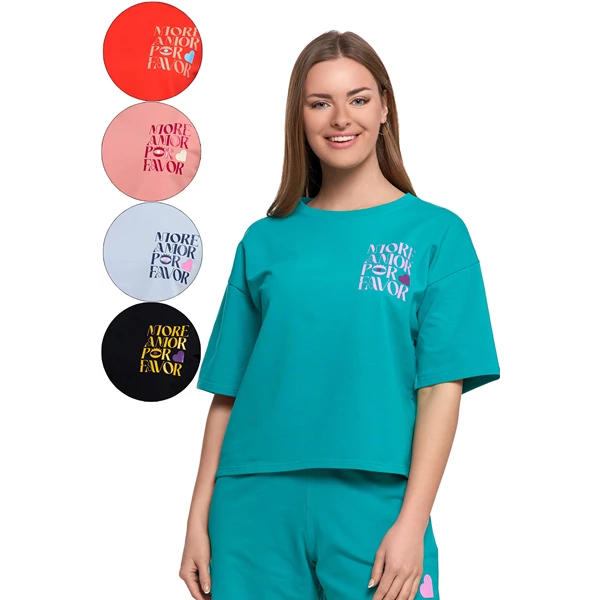 MORAJ / T-SHIRT DAMSKI O LUŹNYM KROJU Z NAPISAMI BD2400-013 - www.anstel.pl