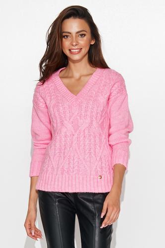 Sweter damski w serek z warkoczami baby pink nu_s88