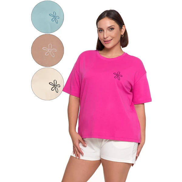 T-shirt damski luźny z haftowanym kwiatkiem bd1800-007