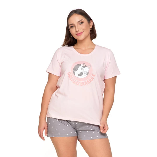 Piżama damska dwuczęściowa z kotkiem plus size pdd3500-015 s/s 2025