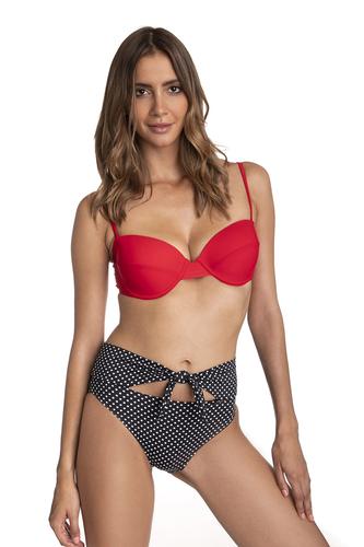 Dwuczęściowy kostium kąpielowy bardotka usztywniana i majtki z wysokim stanem z ozdobnym paskiem 455