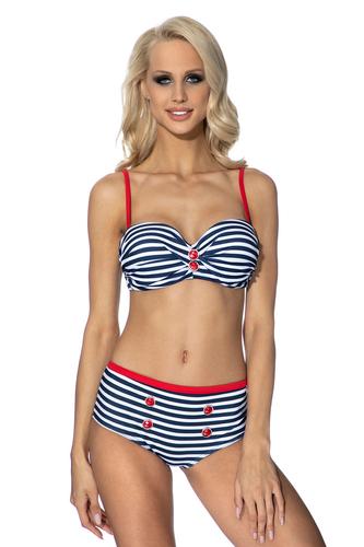 Trzyczęściowy kostium kąpielowy marynarski w komplecie biustonosz bardotka, niskie majtki i spodenki kąpielowe 308